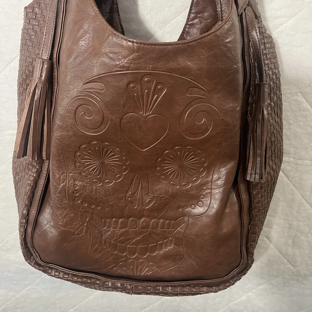 Loungefly Sugar Skull‎ Brown Lattice Large Tote Bag Y2K Purse 16x18 Retro Purse